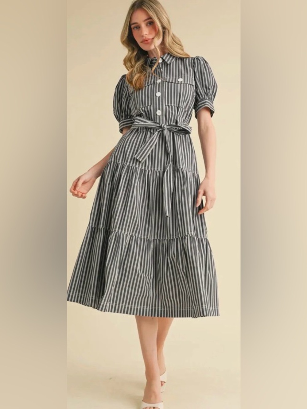 &Merci “Like-New” Striped Dark Grey and White Tiered Midi Dress with Tie Waist